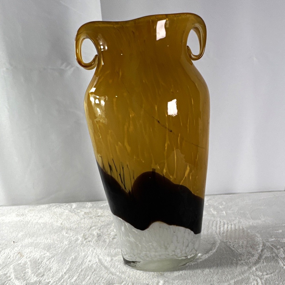 Unmarked Amber & Black Art Glass Vase w/ Scroll Handles Glossy Finish